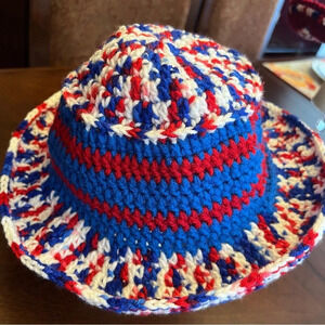 NEW- Handmade Red, White & Blue Bucket‎ Hat for Patriot Day/ Sun Hat. Adult Size